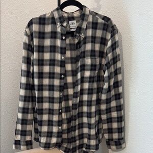 Zara Men's Black and White Plaid Shirt